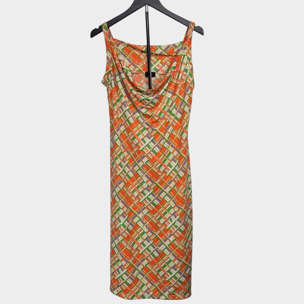 Aura Women Orange Green Geometric Plaid Sequin Cowl Neck Sleeveless Midi Dress
